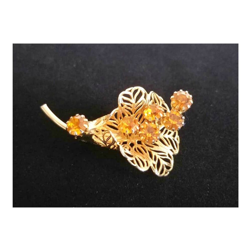 Vintage Reticulated Gold Tone Bouquet Brooch with Amber Stones